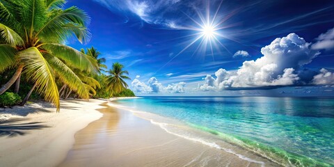 Poster - Beautiful tropical beach with blue sea, white sandy beach, and sunlight shining down , tropical, beach, blue sea, white sand