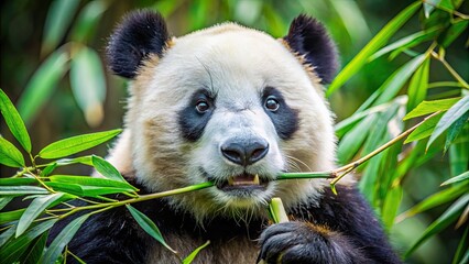 Sticker - A close-up shot of a panda bear eating bamboo leaves, panda, bear, bamboo, eating, leaves, animal, wildlife, herbivore