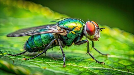 Sticker - Close-up detailed macro shot of a fly bug on a vibrant green leaf, fly, bug, macro, close-up, insect, green, leaf, nature