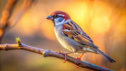 Wall Mural - Close up photo of a sparrow perched on a tree branch in the morning light, sparrow, bird, close up, wildlife