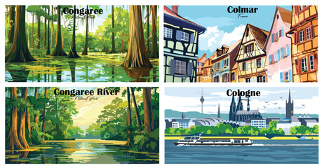 Wall Mural - Travel landmarks tourism world famous, Vector illustration. Design for travel wallpaper, flyer or web banner design template. Panorama view. Copy space