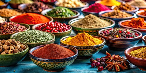 Poster - A close-up shot of assorted dried spices in a colorful bowl , Spices, bowl, variety, seasoning, culinary, ingredient, flavor, mix