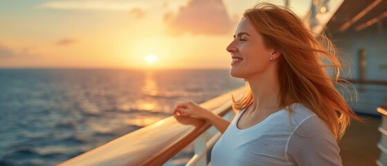 Fototapete - Backlit Portrait of calm happy smiling free woman with open arms enjoys a beautiful moment life on a cruise deck looking away at sunset	