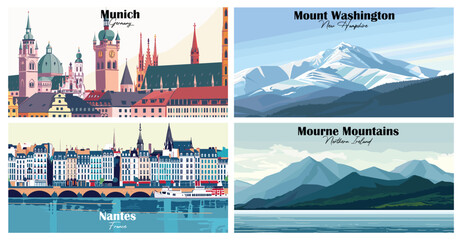 Wall Mural - Travel landmarks tourism world famous, Vector illustration. Design for travel wallpaper, flyer or web banner design template. Panorama view. Copy space