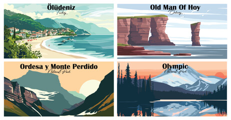 Wall Mural - Travel landmarks tourism world famous, Vector illustration. Design for travel wallpaper, flyer or web banner design template. Panorama view. Copy space