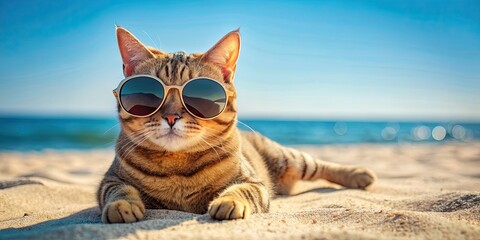 Canvas Print - Cat wearing sunglasses relaxing on sandy beach, cat, pet, feline, sunglasses, relax, beach, summer, vacation, sunny, cute