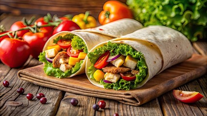 Canvas Print - Close up of a delicious chicken burrito surrounded by fresh vegetables on a wooden desk , Chicken, burrito, food, Mexican