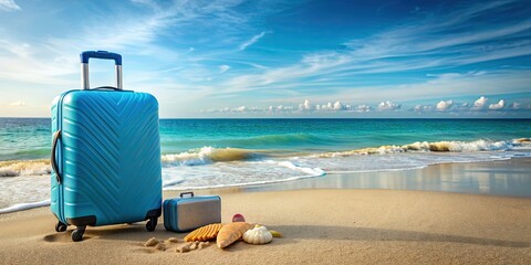 Poster - Blue luggage sitting on sandy beach background with ocean waves, shells, and sunscreen bottles Summer travel concept