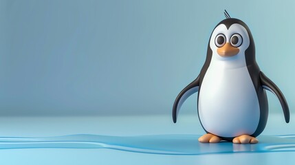 Canvas Print - A cute 3D cartoon penguin standing on a blue surface.