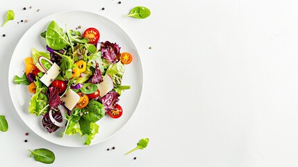 Sticker - A colorful salad with tomatoes, cucumbers, bell peppers, red onion, and greens in a black bowl, against a white background.