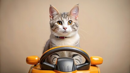 Canvas Print - Cat driving a toy car with a steering wheel , funny, cat, feline, driving, toy car, steering wheel, vehicle, transportation, cute