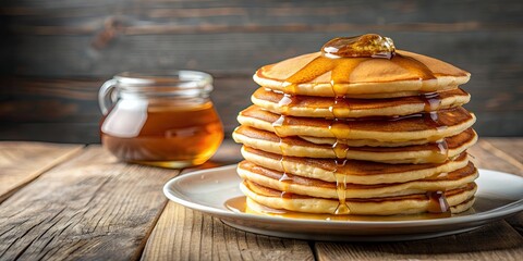 Wall Mural - Close up of a stack of fluffy pancakes drizzled with maple syrup, food, breakfast, sweet, delicious, dessert, homemade, tasty