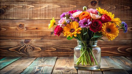 Canvas Print - Bouquet of colorful flowers in a glass vase on a wooden table, Flowers, Vase, Bouquet, Colorful, Blooms, Glass, Wooden table