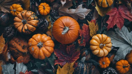 Poster - Pumpkins on leaf pile