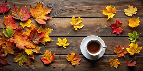 Canvas Print - Autumn leaves scattered beside a cup , fall, foliage, seasonal, coffee cup, wood table, orange, yellow, brown, cozy, warm