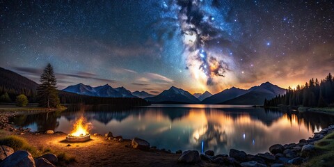 Poster - Campsite with bonfire overlooking lake, mountains, and the milky way , camping, campfire, bonfire, lake, mountains