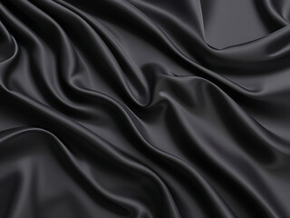 Black silk background with dark luxurious fabric draped texture folds in waves of flowing soft pattern, abstract satin or velvet cloth in luxury material design. ai