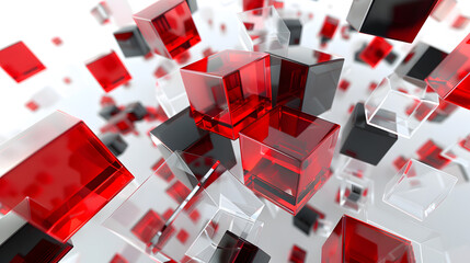 
Abstract 3D image of red and transparent cubes floating in space. Digital art of red and black cubes floating at white background. Box with vibrant color flowing. Technology and futuristic.