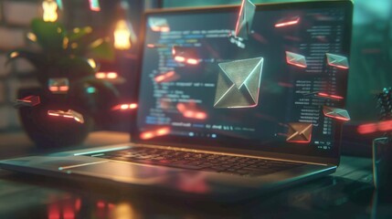 Poster - Laptop with envelopes soaring out of the screen, highlighting the digital marketing themes of email campaigns and spam.