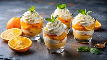 Poster - Citrus Dream Delight Trio of dessert cups with fresh orange slices and fluffy whipped cream, citrus, dream, delight