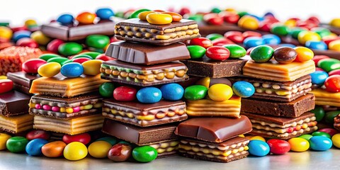 Canvas Print - A colorful pile of tempting candy bars, creating a sweet symphony of flavors , candy, bars, chocolate, sweet, delicious