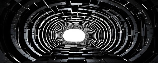 Black and white tunnel structure representing data and communication in abstract geometric pattern