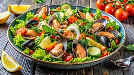 Sticker - Appetizing salad with mussels, salmon, and a variety of colorful vegetables , seafood, gourmet, healthy, fresh, delicious