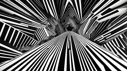 Black and white tunnel structure representing data and communication in abstract geometric pattern