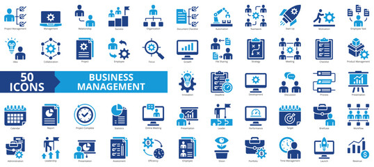 Poster - Business management icon collection set. Containing project, relationship, success, organization, document checklist, automation, teamwork icon. Simple flat vector.