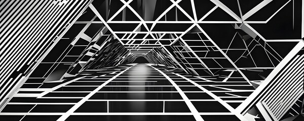 Black and white tunnel structure representing data and communication in abstract geometric pattern