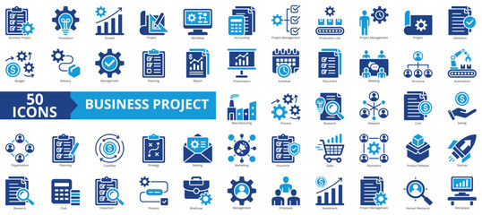 Poster - Business project icon collection set. Containing innovation, growth, workflow, accounting, management, production line, validation icon. Simple line vector.