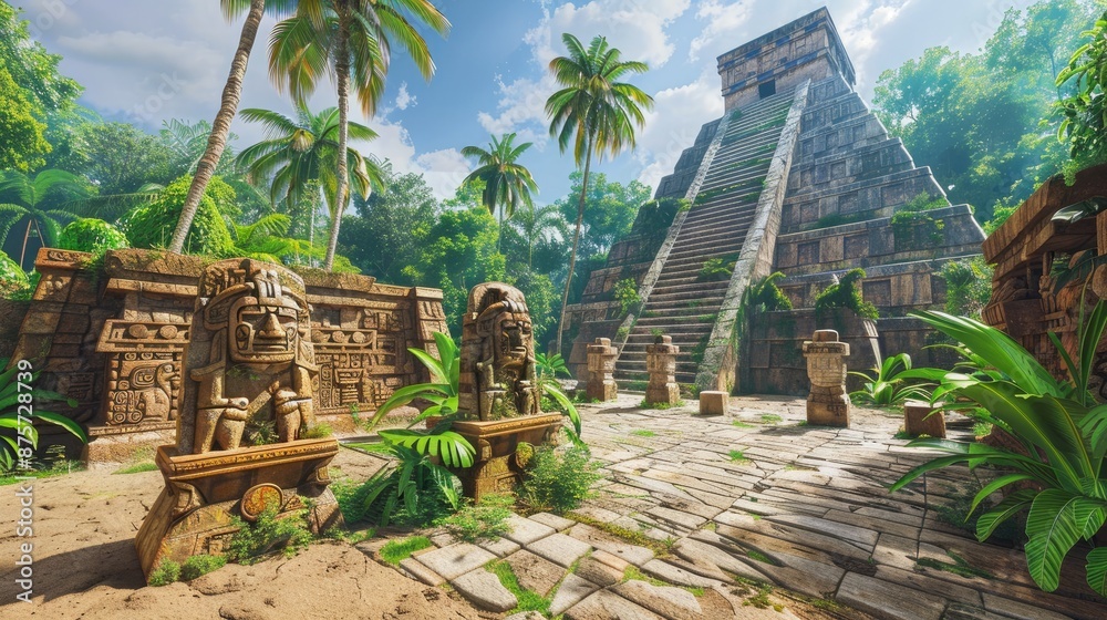 An ancient Aztec pyramid temple complex with stone carvings and ...