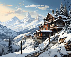 Wall Mural - Beautiful winter mountain panorama with wooden chalet and snowdrifts