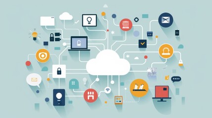 Conceptual illustration of cloud computing connectivity, various devices connected to a cloud, colorful and simple iconography