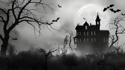 Halloween background, haunted house silhouette and full moon background