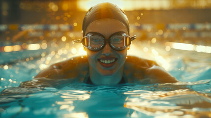 Wall Mural - Swimming training. A smiling woman in safety glasses is swimming in the pool. An Olympic sport. The concept of joy and relaxation