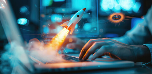 Wall Mural - A rocket icon is emerging from the laptop screen, symbolizing progress and growth in online marketing with an out-of-focus background of businesspeople working on laptops.