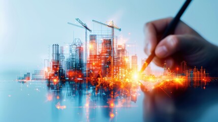 Poster - A hand is drawing a cityscape with a pen, creating a sense of chaos