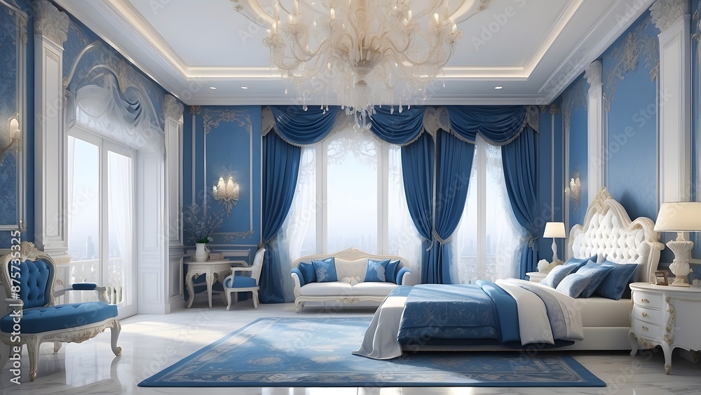Royal luxury bedroom interior design, blue and white color interior ...