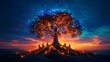 © Jenjira - A magical tree with glowing roots and leaves, surrounded by people at sunset, symbolizing connectivity and nature's mysticism.