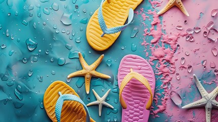 Wall Mural - Beach flip flop on color background