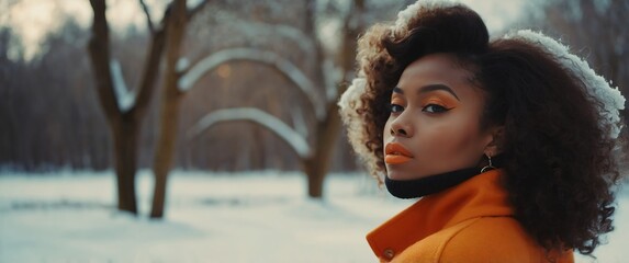 orange concept young african woman retro vintage winter season style fashion shoot portrait for banner background copy space