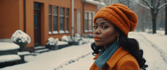 Wall Mural - orange concept young african woman retro vintage winter season style fashion shoot portrait for banner background copy space