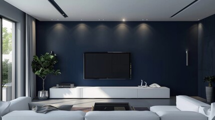 Wall Mural - Sleek entertainment room with large TV and minimalist white cabinetry, modern and clean design, dark blue wall for contrast