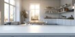 © Summit Art Creations - Empty wooden table top in front of a blurred background, showcasing a stylish Scandinavian kitchen, perfect for home kitchen advertising presentations. Empty kitchen counter bar for designs.