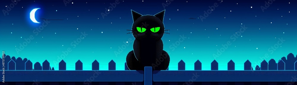 Black cat with glowing green eyes sitting on a fence, pixel art, black ...
