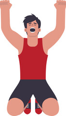 Cartoon happy man, athlete sitting on the ground with hands raised in celebration, flat vector illustration, wearing red tank top. 