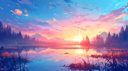 Canvas Print - Sunset over a Tranquil Lake