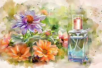 Wall Mural - watercolor illustration of perfume bottle and flowers hand drawn watercolor illustration