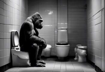 Wall Mural - surrealism bathroom portrait primate restroom interior funny gorilla black toilet drawing wild art p